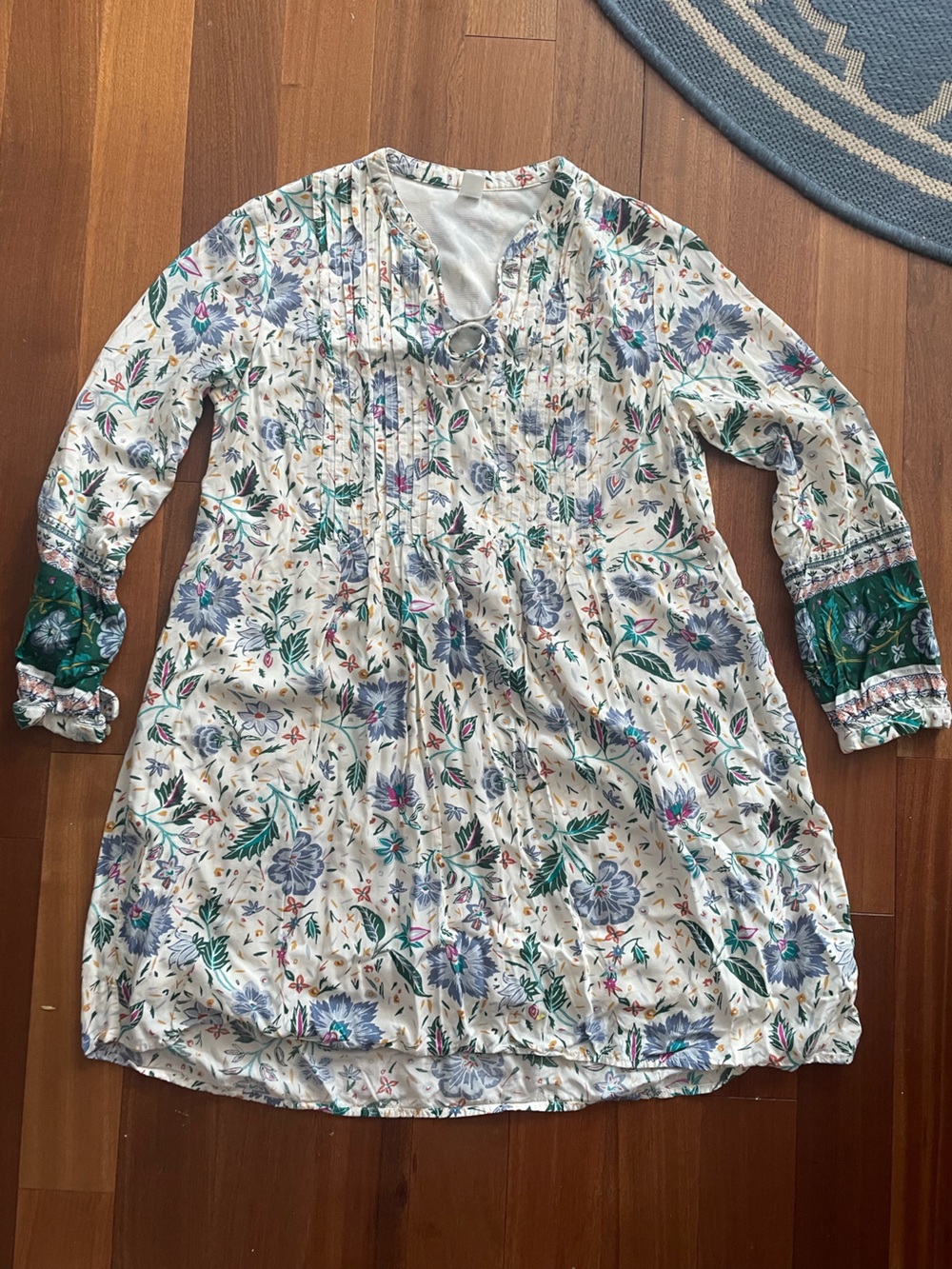 Floral Print Long-Sleeve Smock Top - White with Green & Purple Floral